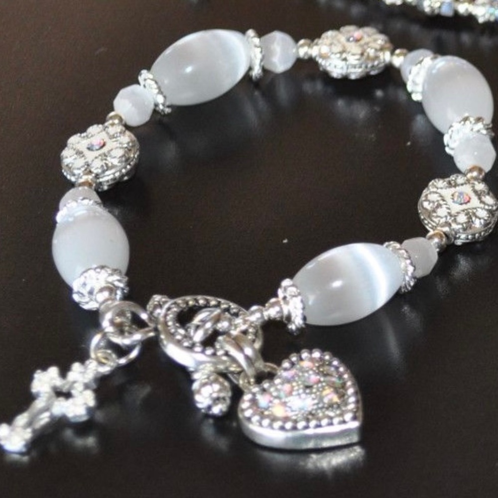Custom Bracelet, New white tiger eye bracelet with silver heart closure & cross